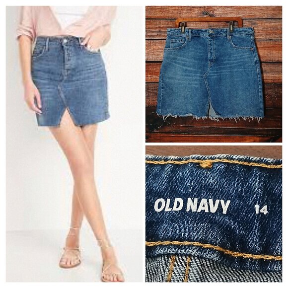 Old Navy Mini Denim Jean Skirt 14 High Rise Button Fly Cut Off - Picture 1 of 8